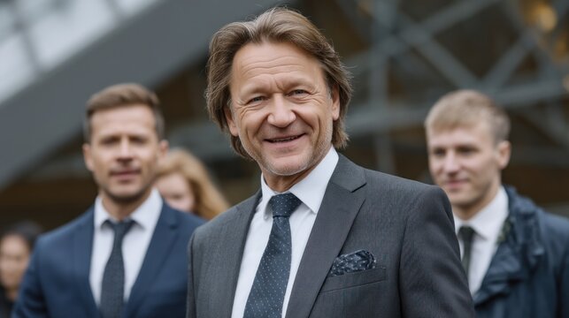 Group of business professionals enjoying a corporate gathering outdoors, dressed in formal attire