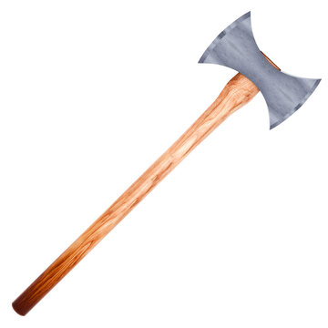 3d render double bladed axe wood handle sharp with transparent background