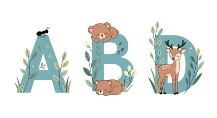 Adorable forest animals adorning alphabet letters for enchanting childrens educational displays and nature themed party decorations
