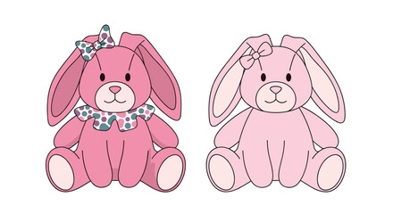 Two adorable pink stuffed bunny rabbits with dotted line stitching and bows one with a patterned collar for a sweet nursery decor or gift idea