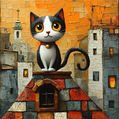 A stylized black and white cat with large, expressive yellow eyes and a red collar sits atop a mosaic rooftop in an impressionistic, textured cityscape. 