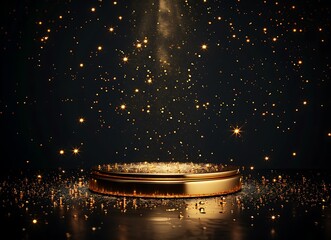 Gold podium with circular frame on a black background for an award ceremony, presentation, or luxury promotion concept. Vector illustration of a golden stage pedestal podium in a round shape,