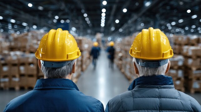Two workers in yellow hard hats stand facing a bustling warehouse filled with cardboard boxes, overseeing logistics operations in a busy environment