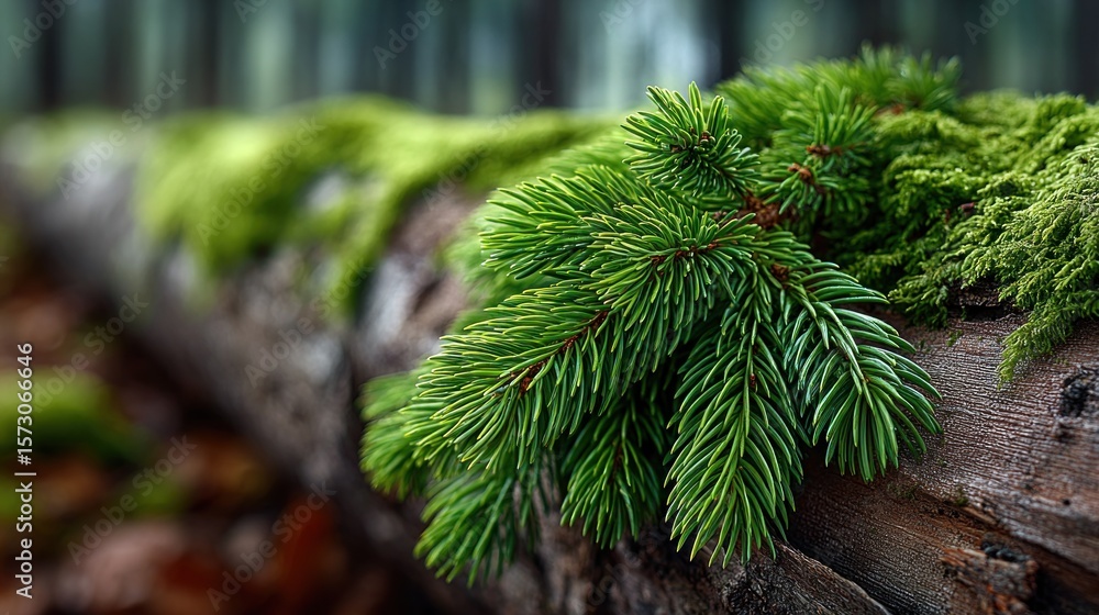 Poster lush green pine needles rest on a moss-covered log in a serene forest. sunlight filters through the 