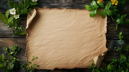 A blank, aged kraft paper sheet with gently curled edges lies on a rustic wooden table, surrounded by fresh green leaves and small white and yellow flowers. 