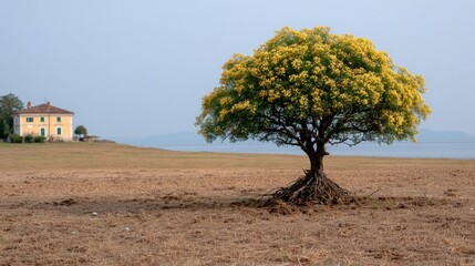 Naklejka premium stunning yellow flowering tree grows in a dry landscape beside an old house overlooking a serene lake under a clear sky. scene captures solitude and natural beauty in a tranquil setting
