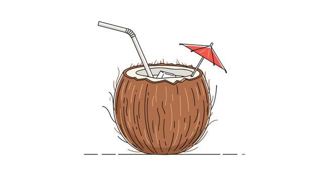 Tropical refreshing coconut drink with straw and umbrella - Powered by Adobe