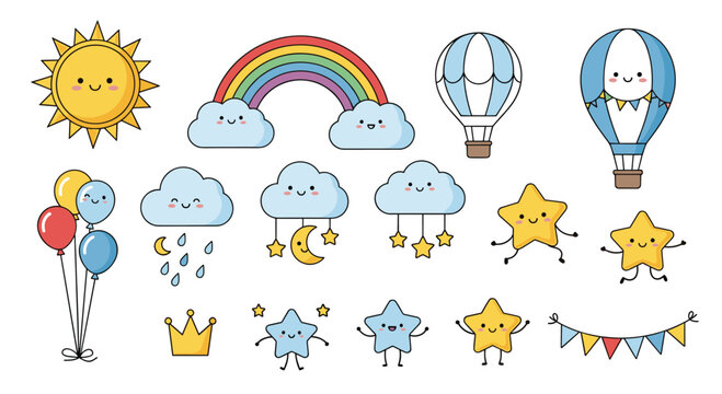Adorably cute kawaii style weather elements and celestial objects for childrens designs