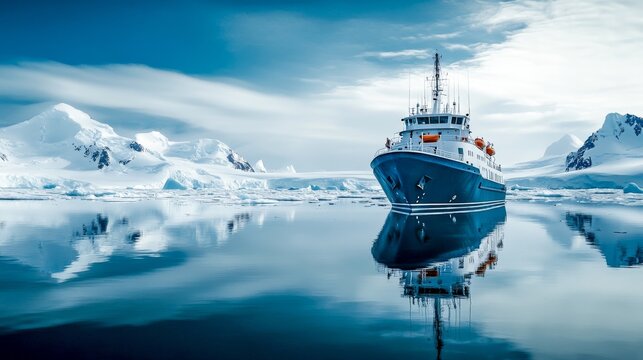 In pristine polar waters, a research vessel rests peacefully, reflecting the icy landscape. Dedicated to climate studies, it embarks on vital expeditions into remote ecosystems