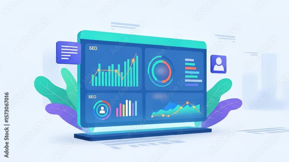 Poster animated video of colorful seo dashboard with marketing analytics, ad performance, and campaign data