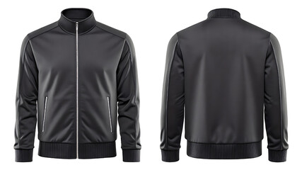 A sleek black bomber jacket is presented, offering both front and back views for design and style inspiration