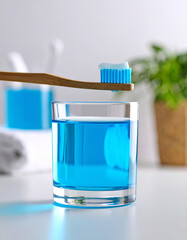 A close-up of a glass of water with a swirling blue mouthwash, symbolizing oral rinse and fresh breath.