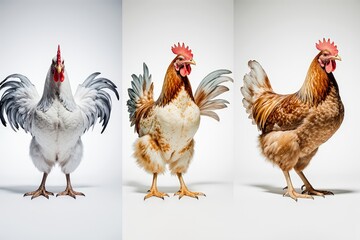 Fototapeta premium Trio of Roosters: A captivating studio shot showcases three majestic roosters, each flaunting unique plumage in a vibrant display of rural life.