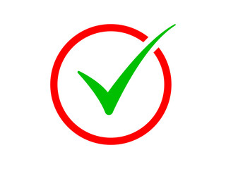 Green checkmark in red circular box vector illustration. Tick mark, correct icon, positive sign, approved icon.