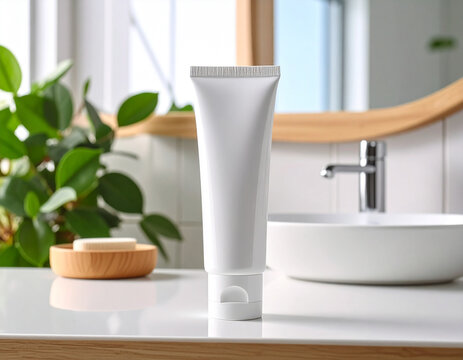 A tube of generic fluoride toothpaste standing upright on a bathroom counter, representing daily preventative care.