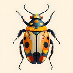 A vibrant 2D flat design illustration of a beetle, featuring a rich palette of blue, orange, and yellow hues with intricate spot patterns and segmented details, presented against a clean background.