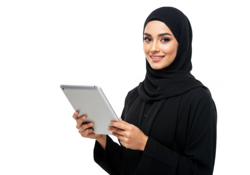 Smiling muslim woman in hijab holding a tablet computer isolated on transparent background