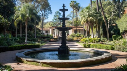 Serene garden scene featuring a tiered fountain, lush greenery, palm trees, and a building in the background.  A tranquil pathway leads to the structure