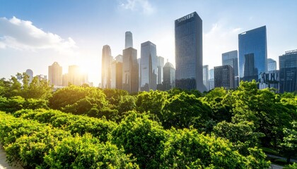 Fototapeta premium Urban skyline with lush greenery symbolizes sustainable living and eco-friendly urban development.