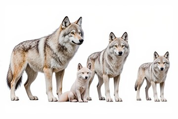 Fototapeta premium Gray Wolf Pack Portrait: A stunning studio shot showcasing the diverse members of a gray wolf pack, from a majestic alpha to a playful juvenile, embodying strength and familial bonds.