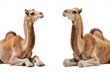 Obraz premium Dromedary Camels: Two dromedary camels sit facing each other against a white background, showcasing their calm and serene nature.