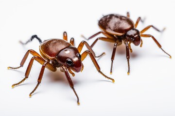 Close-up of Two Beetles: Two small, reddish-brown beetles with long legs are captured in a detailed close-up shot against a white background. Their intricate details and textures are clearly visible.