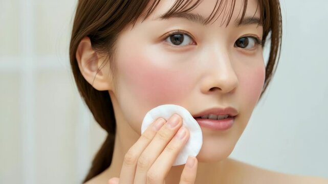Asian woman applying skincare product on face with cotton pad
