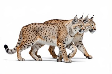 Obraz premium Striking Cheetahs: Two majestic cheetahs traverse the terrain with poised grace, epitomizing elegance. Their spotted coats shimmer under the sunlight, portraying a natural beauty.