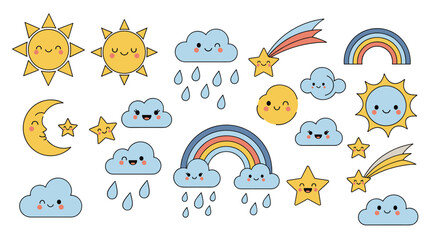 Fototapeta premium Charming pixel art weather icons featuring smiling suns clouds rainbows stars and shooting stars for creative projects