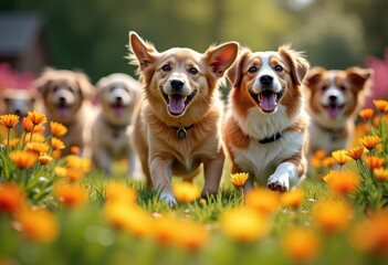 joyful dogs playing vibrant shelter garden surrounded colorful flowers lush greens, pet, cane, grass, park, outdoors, lawn, nature, toy, scene, happiness