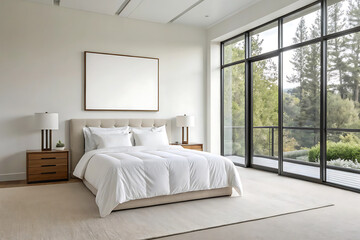 Luxurious and contemporary bedroom interior with a comfortable bed, stylish furniture, and bright natural light from a large window