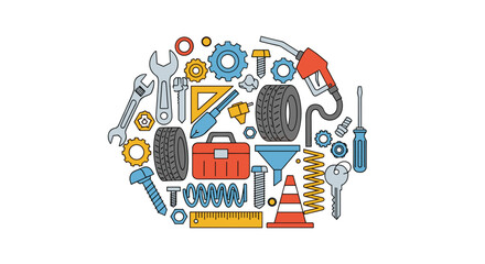 A diverse assortment of tools arranged in a circular pattern illustrating mechanical engineering and construction concepts