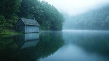 Fototapeta premium Misty morning cabin on a tranquil lake