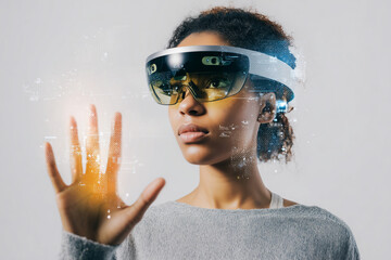 School student with VR headset using artificial intelligence technology & machine learning.Interactive studying in classroom. Smart tech innovation. AI hologram in education, mixed race girl	