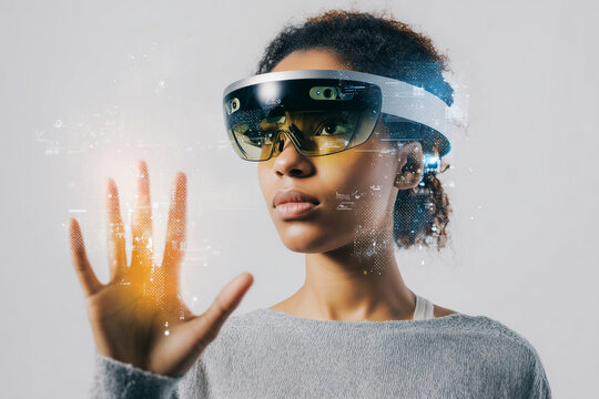 School student with VR headset using artificial intelligence technology & machine learning.Interactive studying in classroom. Smart tech innovation. AI hologram in education, mixed race girl	