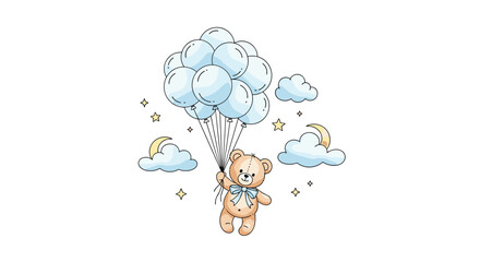 Cute fluffy teddy bear holding a bunch of blue balloons floating in the sky surrounded by clouds and small yellow birds symbolizing joy and dreams