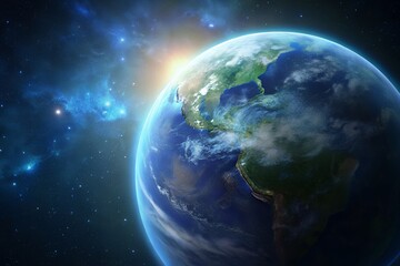 Sunrise over earth as seen from space with stars and nebula in the background