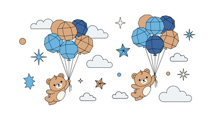 Two adorable cartoon teddy bears flying high in the sky with colorful balloons among the clouds and stars a whimsical illustration perfect for a nursery or children's room decor
