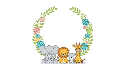 Adorable baby safari animals forming a sweet circle adorned with delicate floral wreath for celebration newborn baby shower invitations