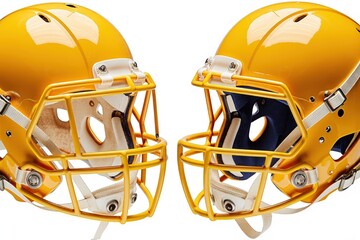 Fototapeta premium Football Helmets: Two vibrant football helmets face off, their colors and designs hinting at the intensity of a high-stakes game and representing team spirit and athletic prowess.