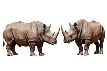 Fototapeta premium Power Duo: Two robust rhinoceroses stand facing each other, their imposing horns highlighting their majestic presence. A stunning portrait.