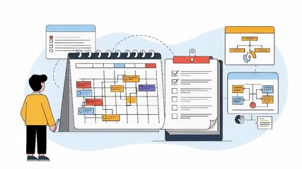 Animated video of time management and task planning with calendar, checklist, and workflow charts for productivity, project scheduling, and daily activity organization.