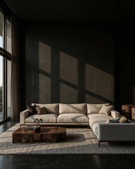 Spacious living room with dark light background