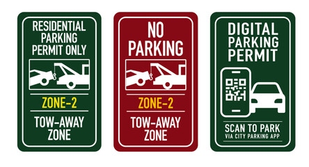 Urban Parking Permit & Tow‑Away Zone Sign Bundle — Vector Template Set with QR‑Style Digital Permit