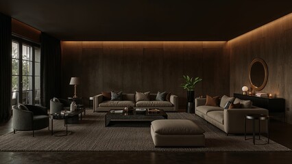 Spacious living room with dark light background