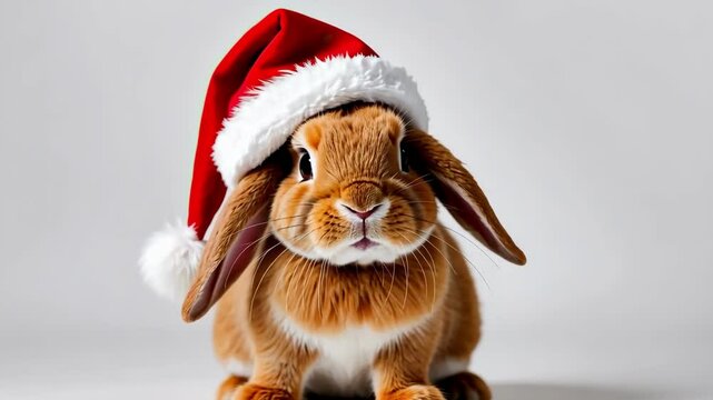 Adorable brown bunny rabbit wearing Santa hat for Christmas holiday celebration. Pet animal, festive season, white background, Christmas, winter, animal, holiday.