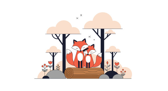 Charming pixelated forest scene featuring two adorable foxes embracing each other on a log surrounded by trees and flowers - Powered by Adobe