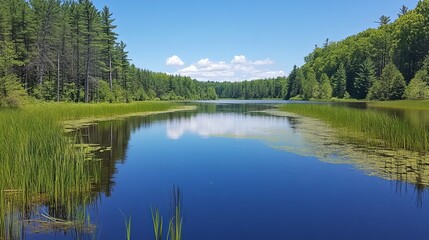Obraz premium Serene lake nestled within lush green forest, reflecting blue sky and fluffy clouds. Tranquil waters, vibrant foliage, and peaceful atmosphere
