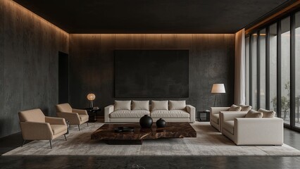 Spacious living room with dark light background