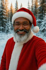 Smiling man in Santa Claus costume taking selfie in snowy forest. Bright red outfit, white beard, cheerful expression. Festive winter atmosphere, Christmas spirit and joy. Copy space. Banner